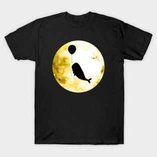 Whale flies with a balloon, black silhouette on the yellow moon T-Shirt